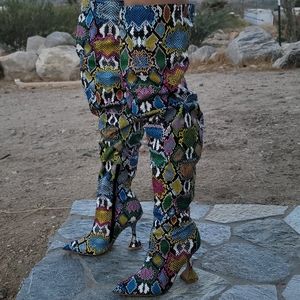 Ladies psychedelic snake skin thigh high boots
